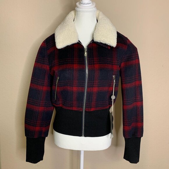 Maje Red & Navy Plaid Wool Jacket with Shearling Collar – Size 40 - Picture 1 of 6